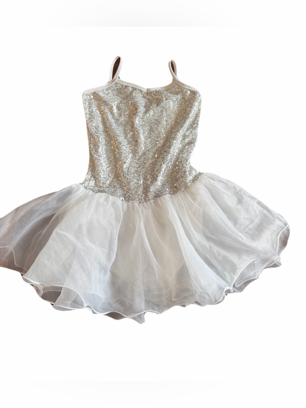 Silver Sequin Bodice White Tulle Girls Dance Costume Size 150 (11-12)